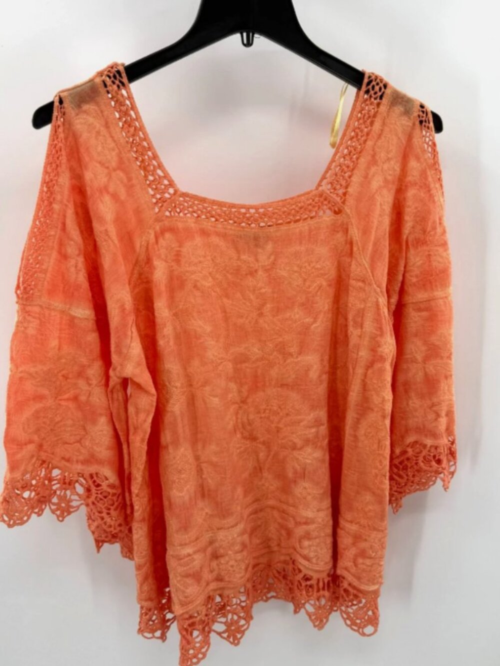 Democracy Orange Lace Embroidered Bell Sleeve Boho Blouse SZ L Cold Sholder
